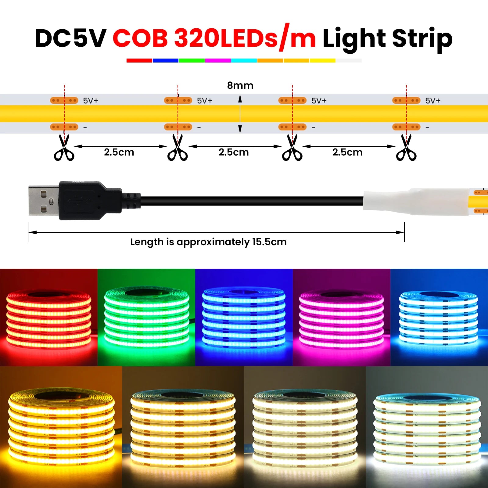 COB LED Strip with 4AA Battery Box DC 5V 320Leds/m Battery Tape for Kitchen Cabinet Lamp White Red Green Ice Blue Pink Yellow
