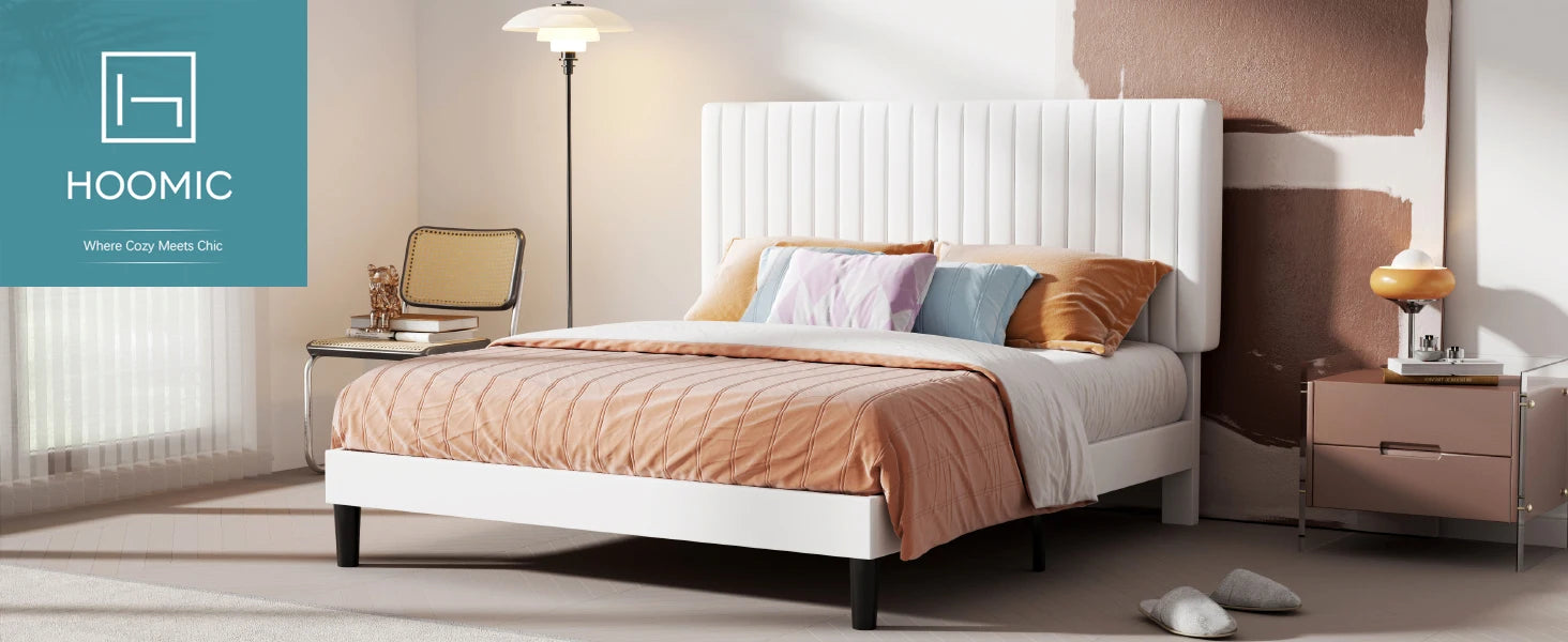 HOOMIC Upholstered Platform Bed Frame with Vertical Channel Tufted Velvet Fabric Adjustable Headboard Allewie