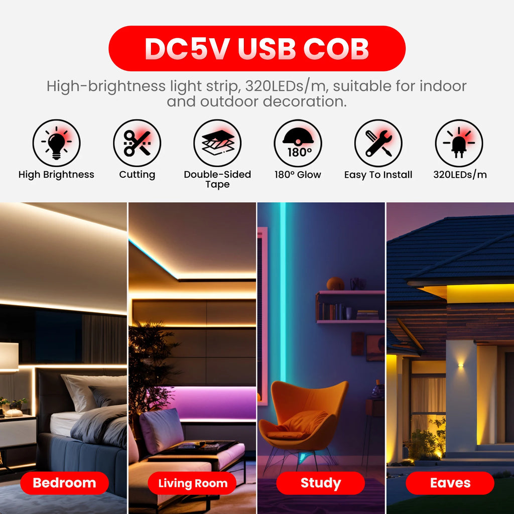 COB LED Strip with 4AA Battery Box DC 5V 320Leds/m Battery Tape for Kitchen Cabinet Lamp White Red Green Ice Blue Pink Yellow