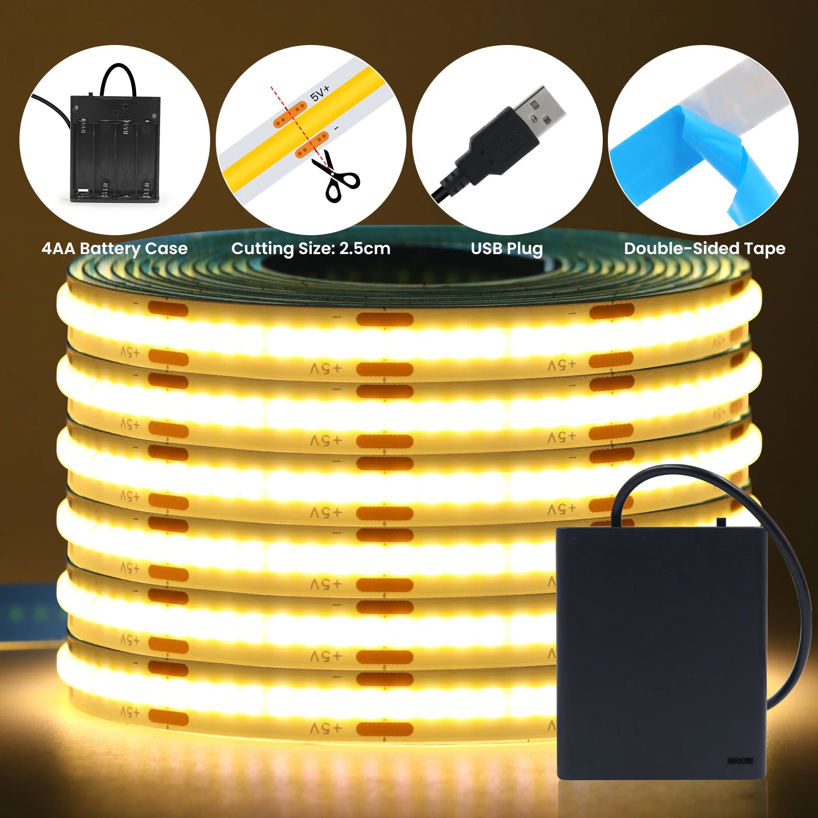 COB LED Strip with 4AA Battery Box DC 5V 320Leds/m Battery Tape for Kitchen Cabinet Lamp White Red Green Ice Blue Pink Yellow