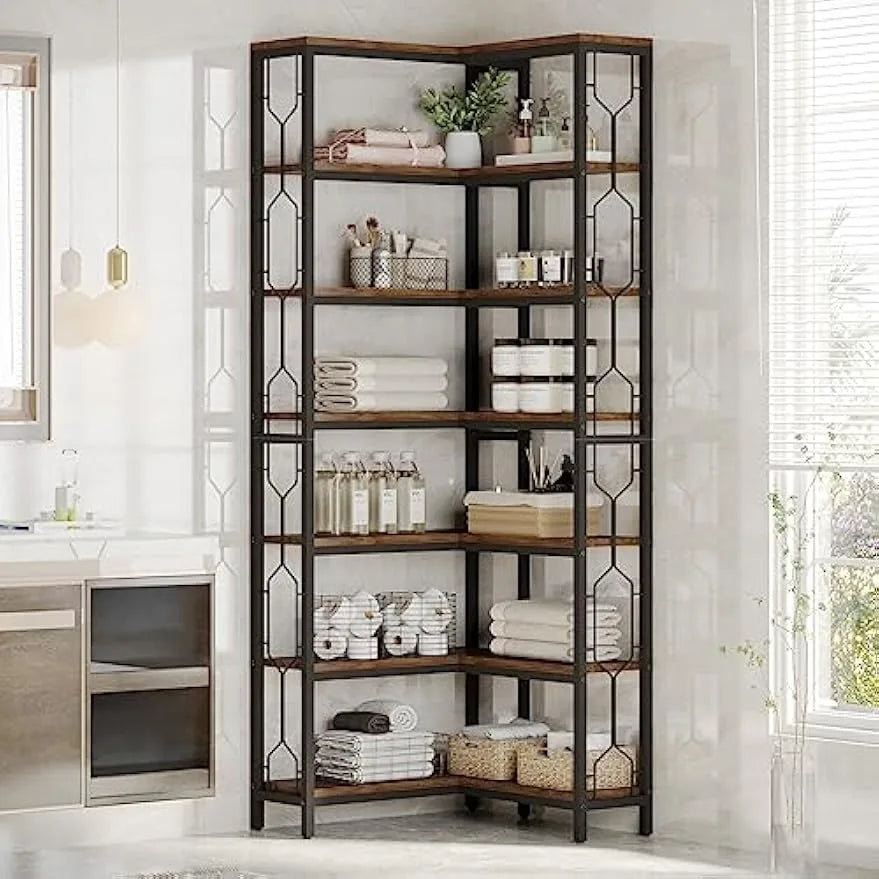 Corner Shelf, 7-Tier Industrial Corner Bookshelf, Freestanding Display Shelf for Living Room, Kitchen, Home Office, Dark Brown