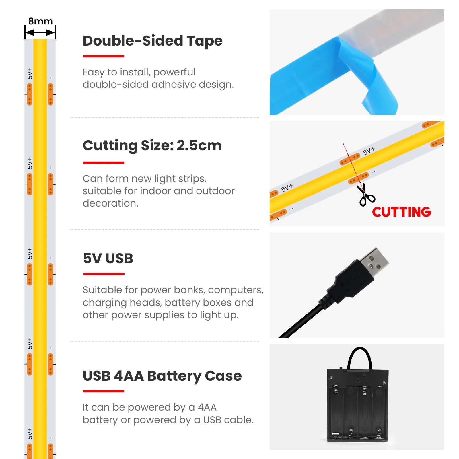 COB LED Strip with 4AA Battery Box DC 5V 320Leds/m Battery Tape for Kitchen Cabinet Lamp White Red Green Ice Blue Pink Yellow