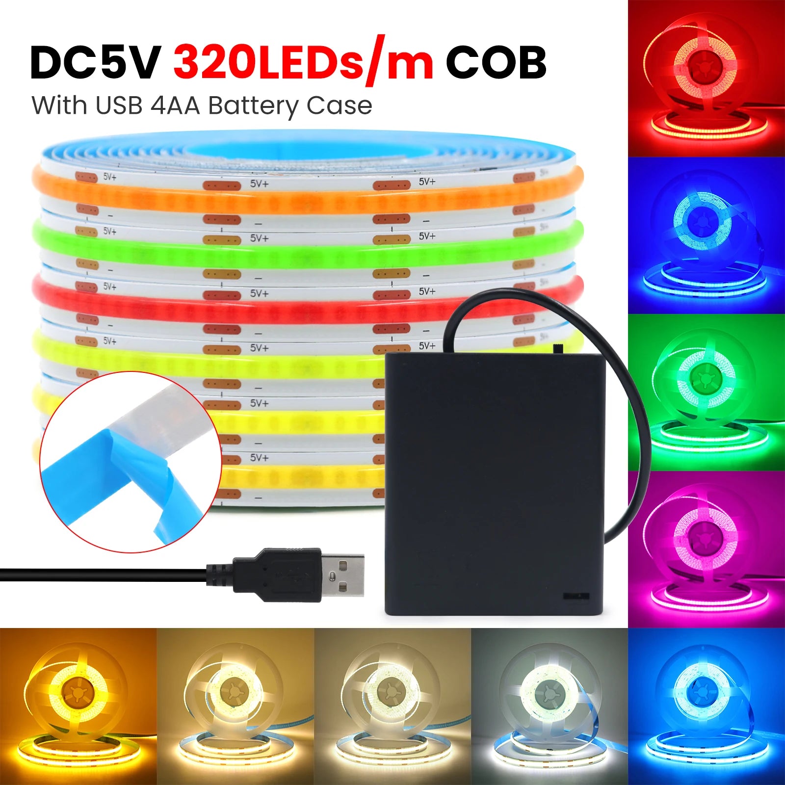 COB LED Strip with 4AA Battery Box DC 5V 320Leds/m Battery Tape for Kitchen Cabinet Lamp White Red Green Ice Blue Pink Yellow