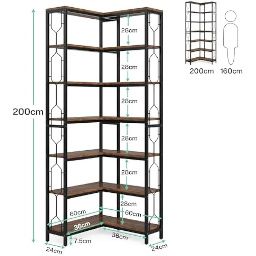 Corner Shelf, 7-Tier Industrial Corner Bookshelf, Freestanding Display Shelf for Living Room, Kitchen, Home Office, Dark Brown