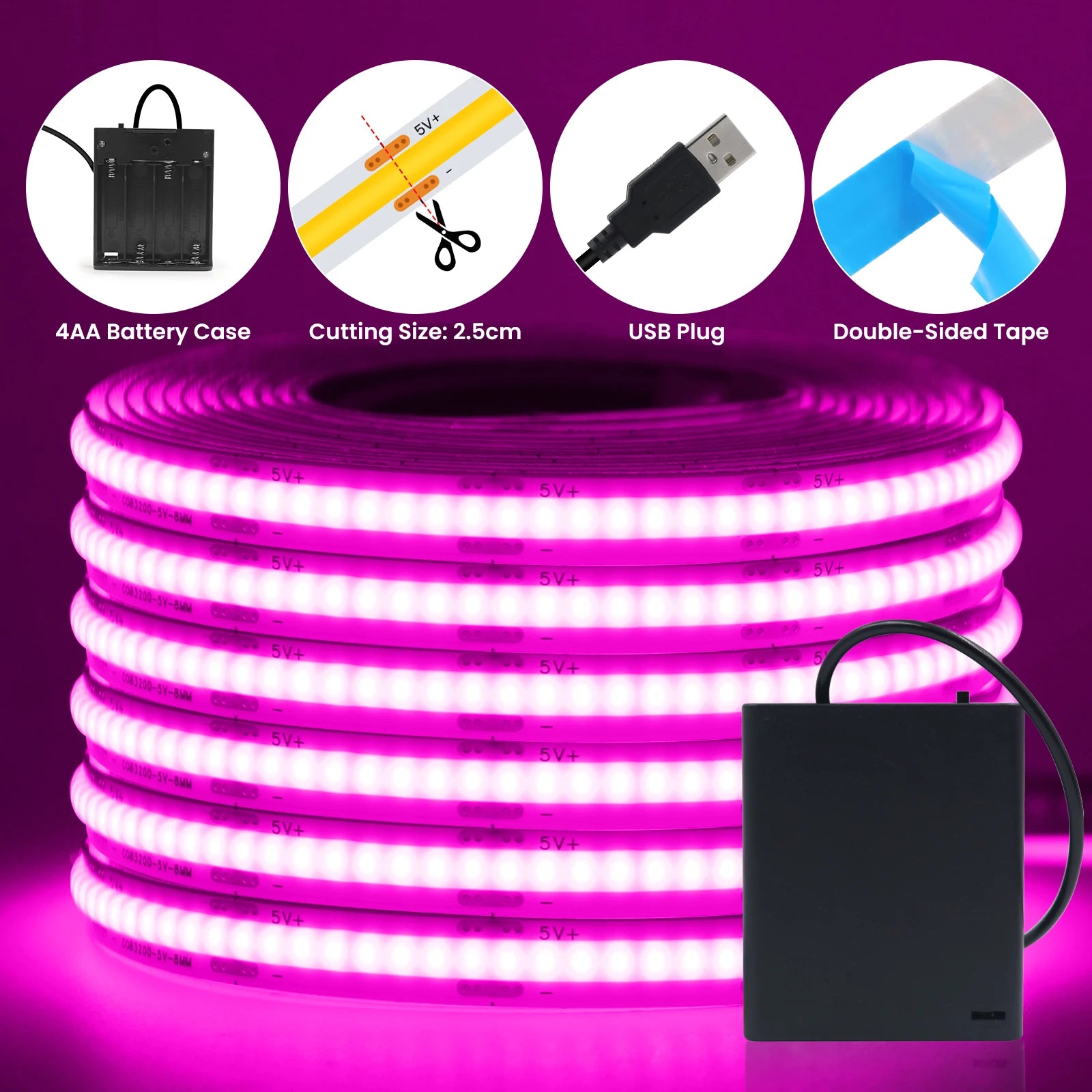 COB LED Strip with 4AA Battery Box DC 5V 320Leds/m Battery Tape for Kitchen Cabinet Lamp White Red Green Ice Blue Pink Yellow