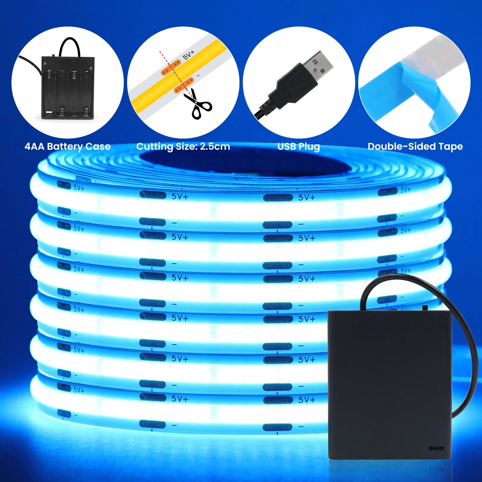 COB LED Strip with 4AA Battery Box DC 5V 320Leds/m Battery Tape for Kitchen Cabinet Lamp White Red Green Ice Blue Pink Yellow