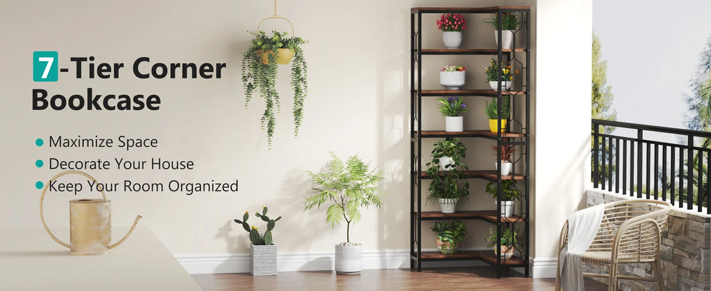Corner Shelf, 7-Tier Industrial Corner Bookshelf, Freestanding Display Shelf for Living Room, Kitchen, Home Office, Dark Brown