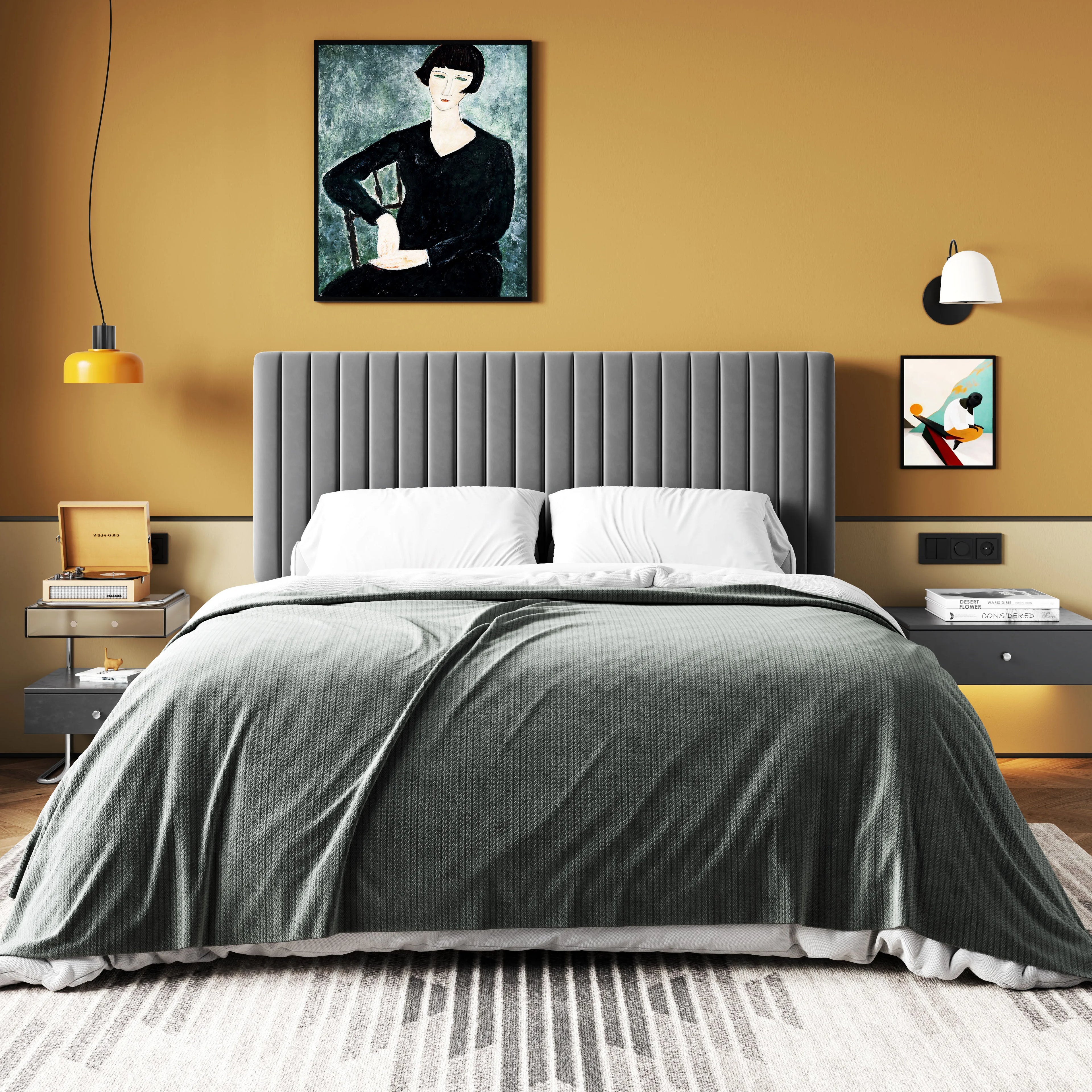 HOOMIC Upholstered Platform Bed Frame with Vertical Channel Tufted Velvet Fabric Adjustable Headboard Allewie