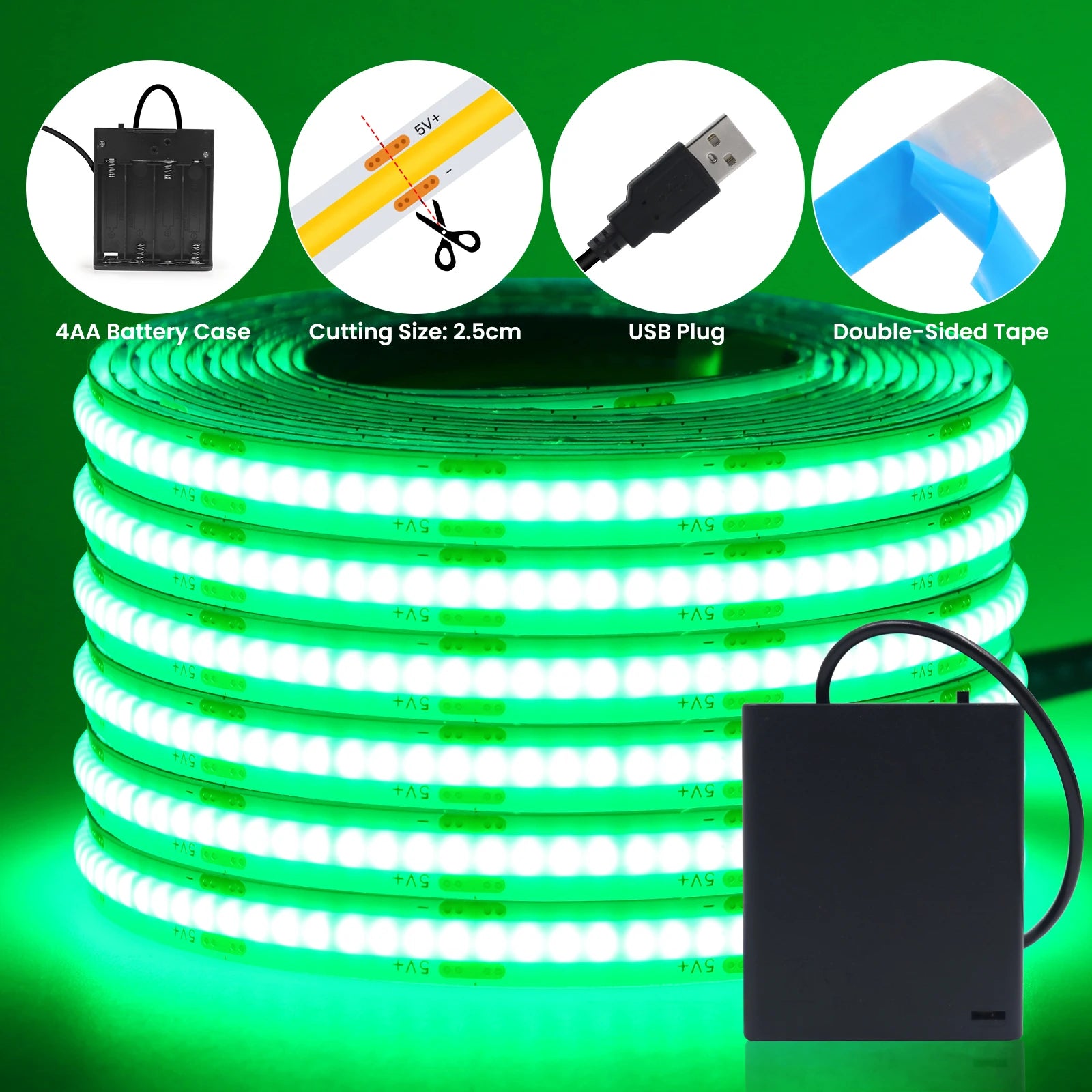 COB LED Strip with 4AA Battery Box DC 5V 320Leds/m Battery Tape for Kitchen Cabinet Lamp White Red Green Ice Blue Pink Yellow