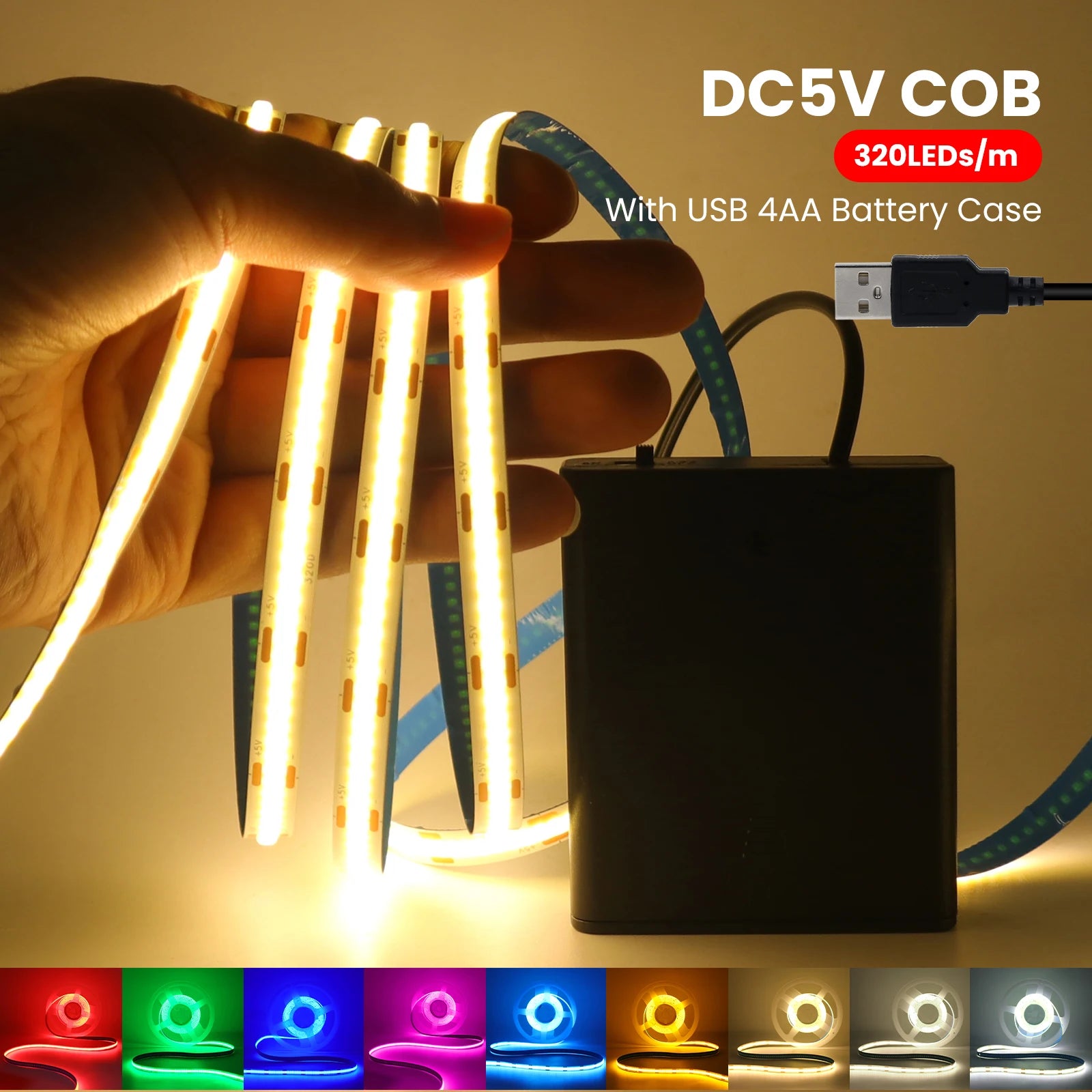 COB LED Strip with 4AA Battery Box DC 5V 320Leds/m Battery Tape for Kitchen Cabinet Lamp White Red Green Ice Blue Pink Yellow