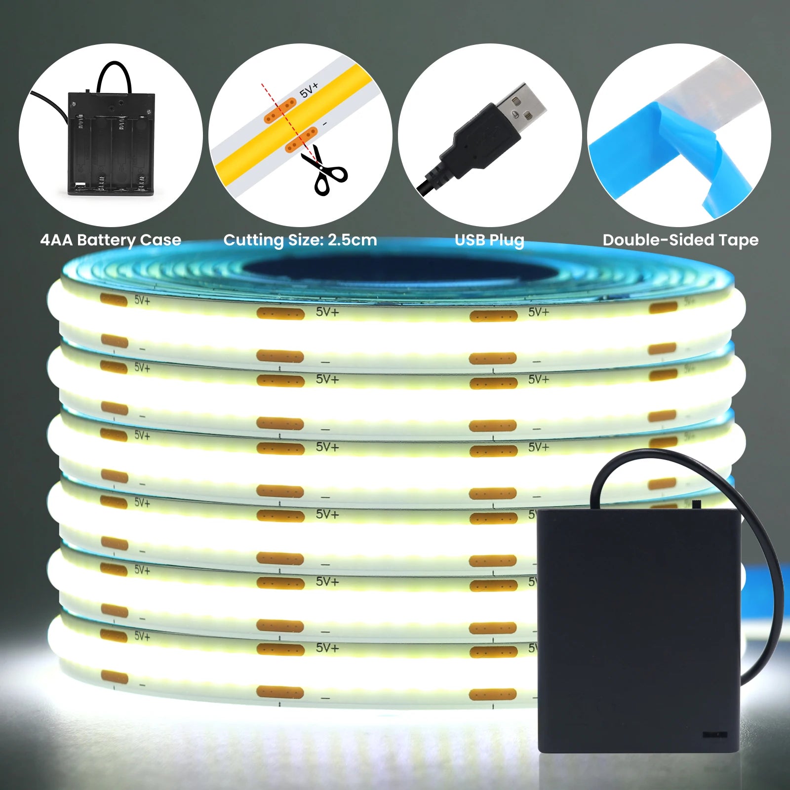 COB LED Strip with 4AA Battery Box DC 5V 320Leds/m Battery Tape for Kitchen Cabinet Lamp White Red Green Ice Blue Pink Yellow