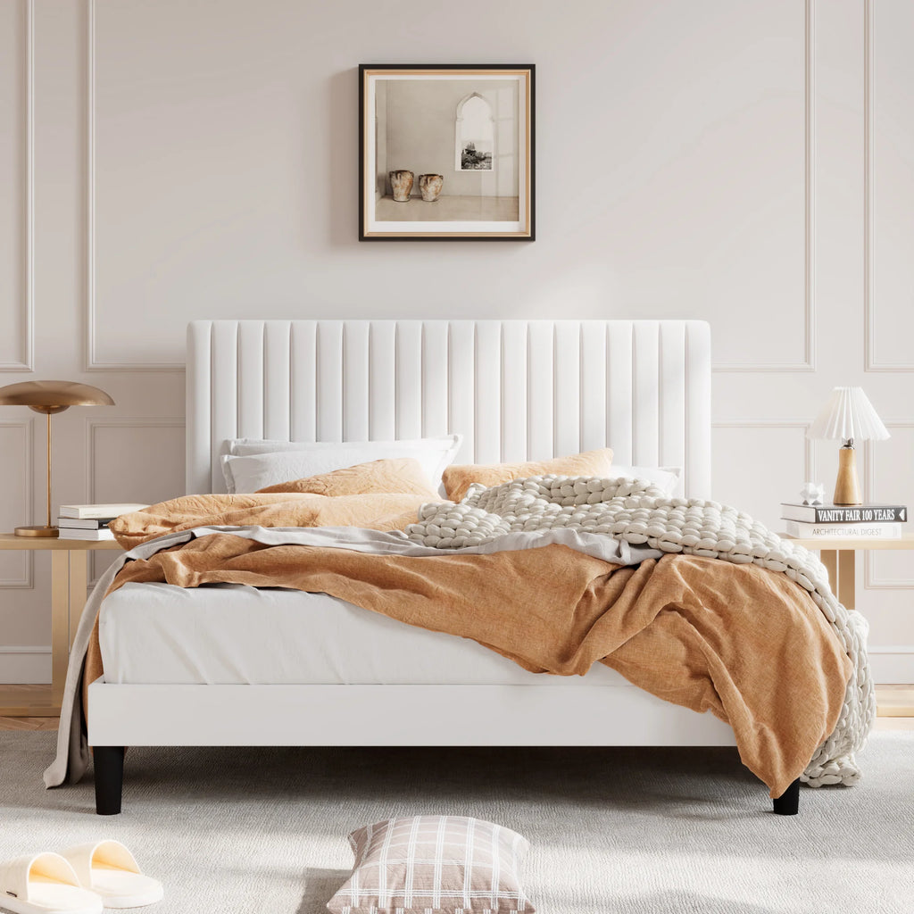 HOOMIC Upholstered Platform Bed Frame with Vertical Channel Tufted Velvet Fabric Adjustable Headboard Allewie
