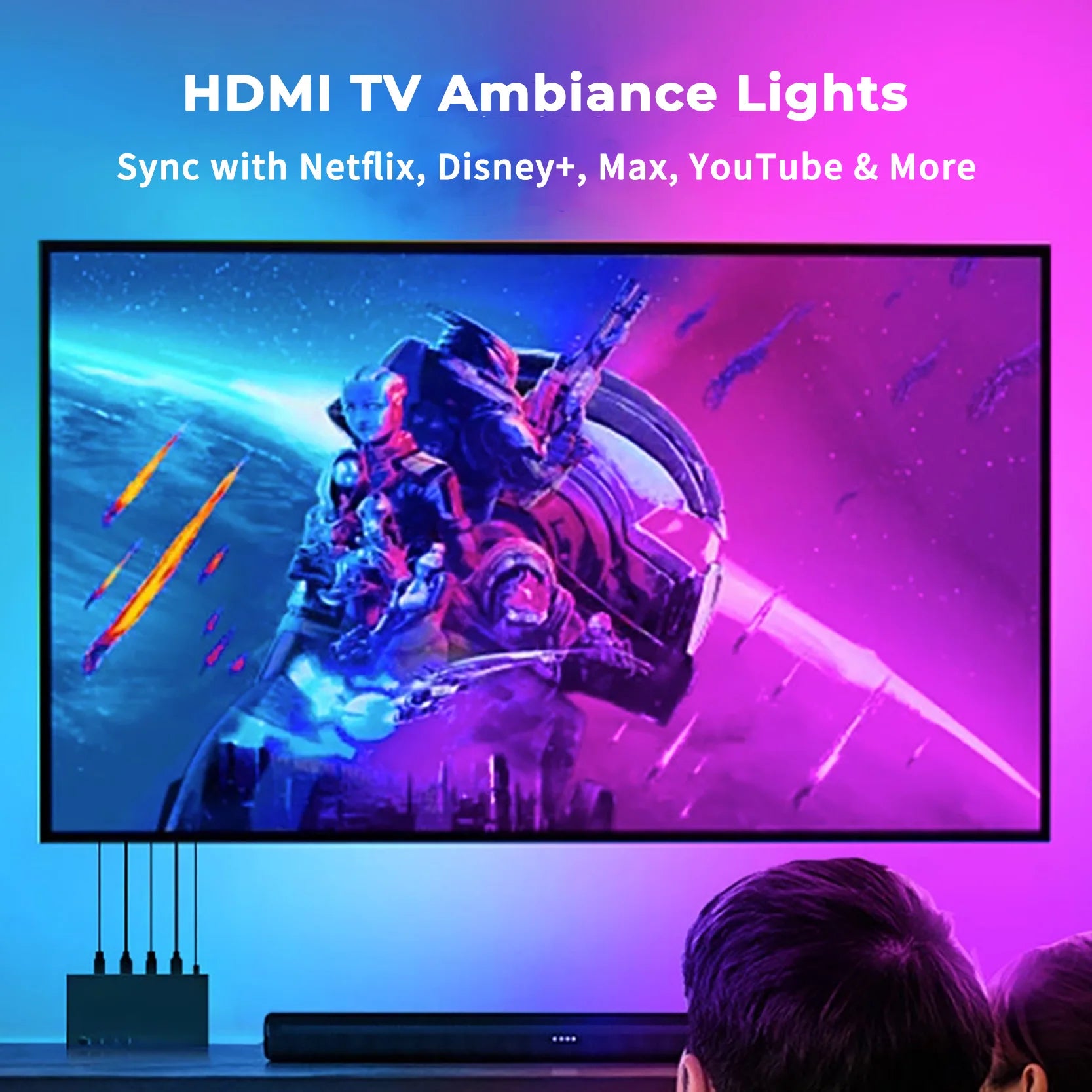 HDMI Sync TV Backlight for 40-85 Inch TVs, No App Needed Gaming Lights with Real-Time Color Matching, for Xmas Home Theater
