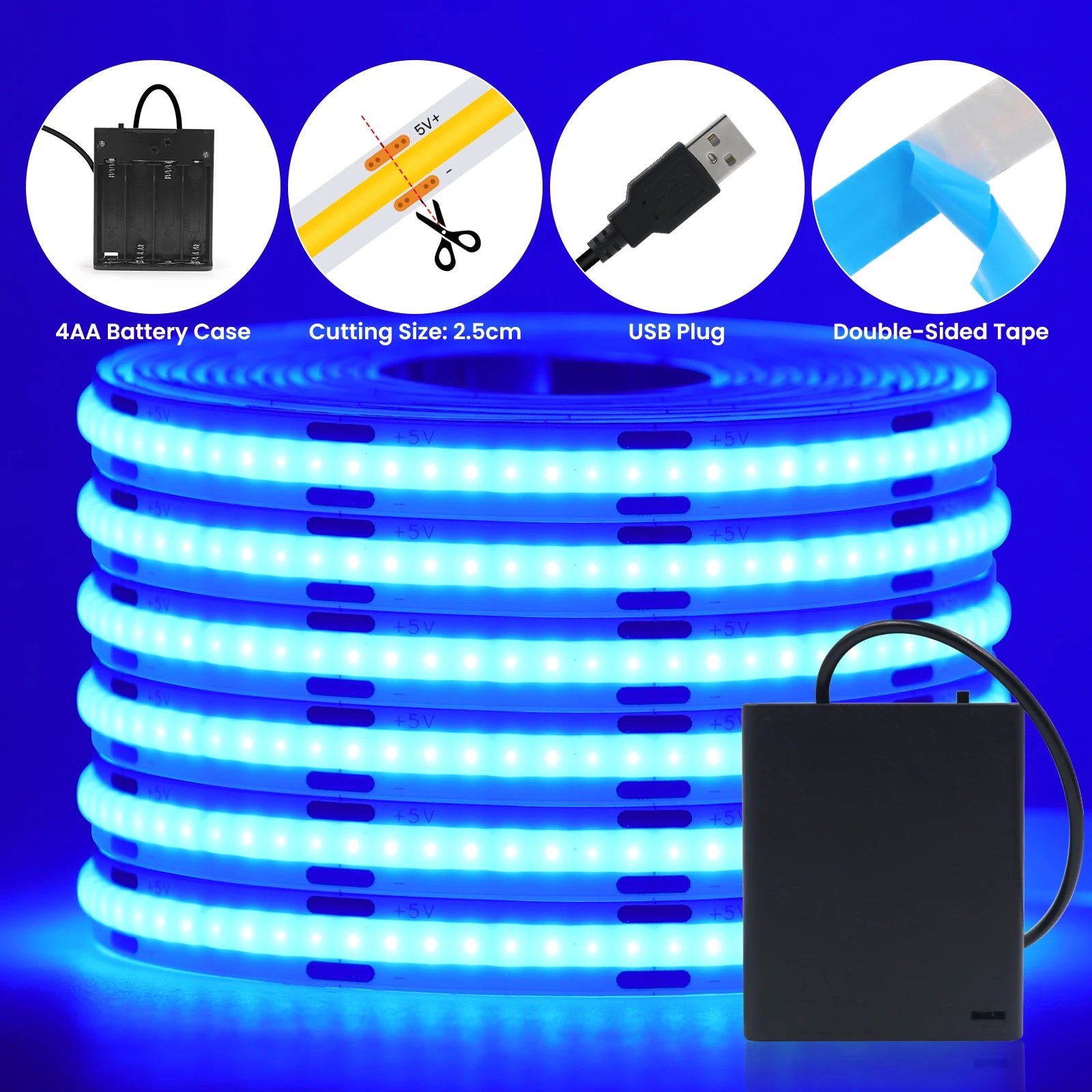 COB LED Strip with 4AA Battery Box DC 5V 320Leds/m Battery Tape for Kitchen Cabinet Lamp White Red Green Ice Blue Pink Yellow